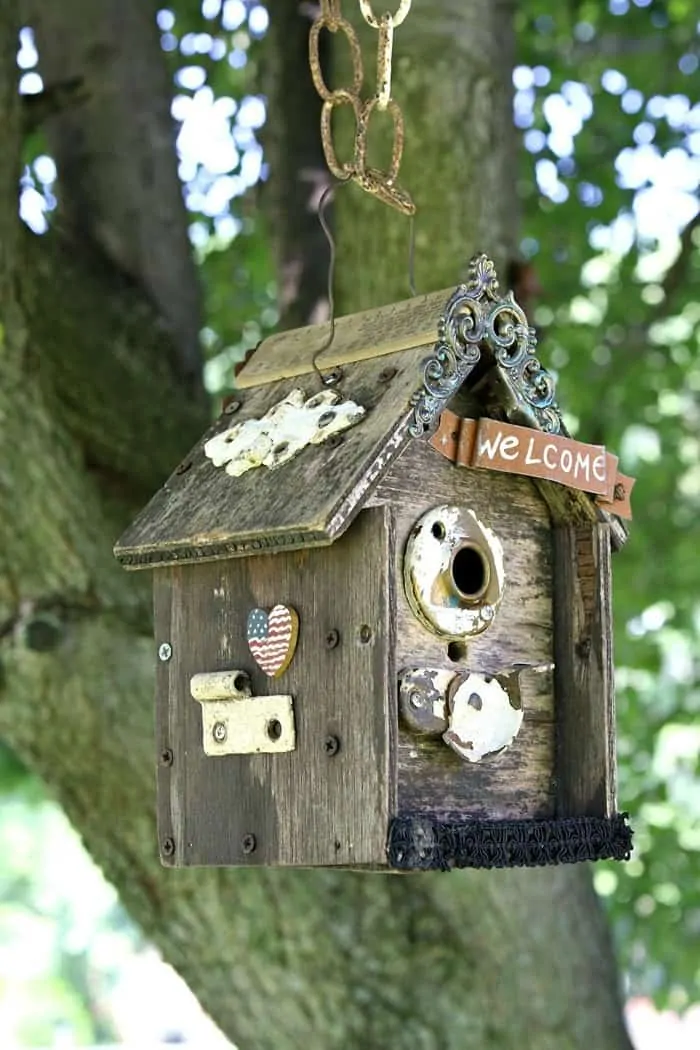 Update An Old Birdhouse With Vintage Hardware And Bits Of Jewelry
