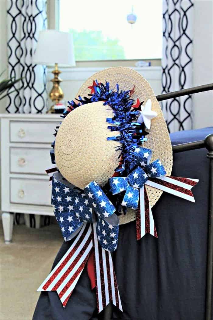 Patriotic Door Decor, Hat Wreath in red, white, and blue. patriotic door decor in red white and blue