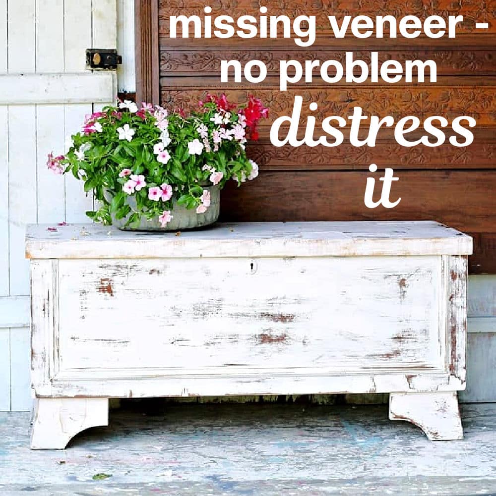 A distressed white cedar chest makeover sits in front of a wooden door, topped with a planter of pink and white flowers. Text reads: missing veneer - no problem distress it.