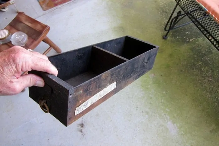 metal and wood box similar to a find from flea market shopping