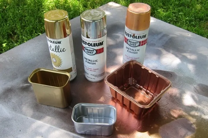 Rustoleum Metallic Spray Paint Colors look great sprayed on recycled food containers used as succulent planters