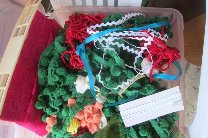 ribbon and pom poms for decorating burlap bags