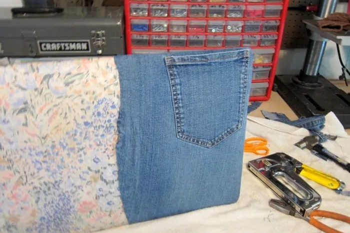 how the first layer of denim looks after stapling to seat