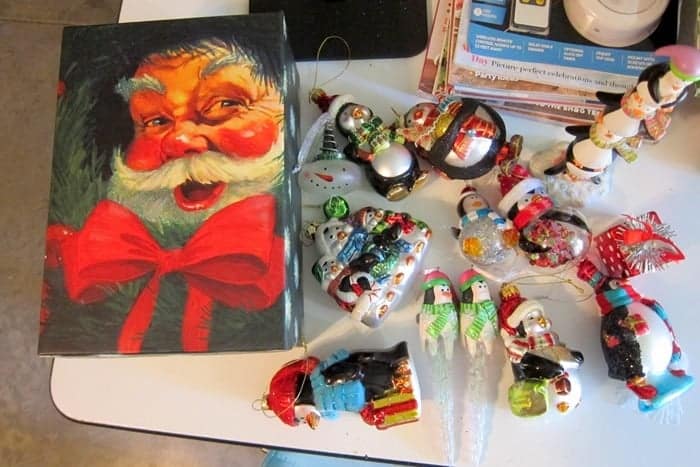 box of Christmas ornaments from the Goodwill 