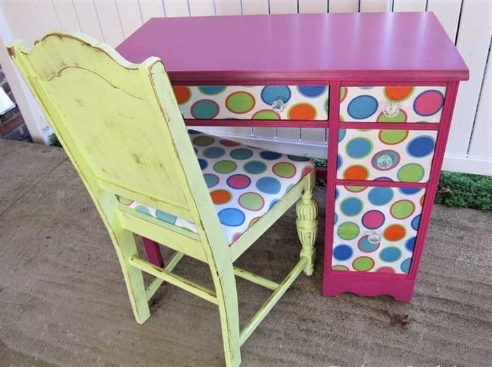 painted and decoupaged desk with painted dining room chair