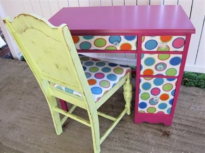 desk decoupaged with fabric and painted chair