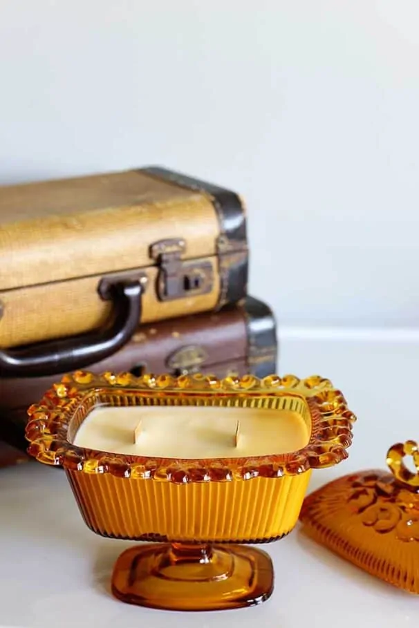 diy candle made using a vintage candy dish is a great money saving gift idea