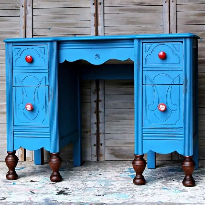 Vintage Vanity Makeover with blue paint and stained ball feet