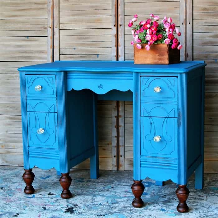 glass knobs on blue vintage vanity with stained ball feet (4)