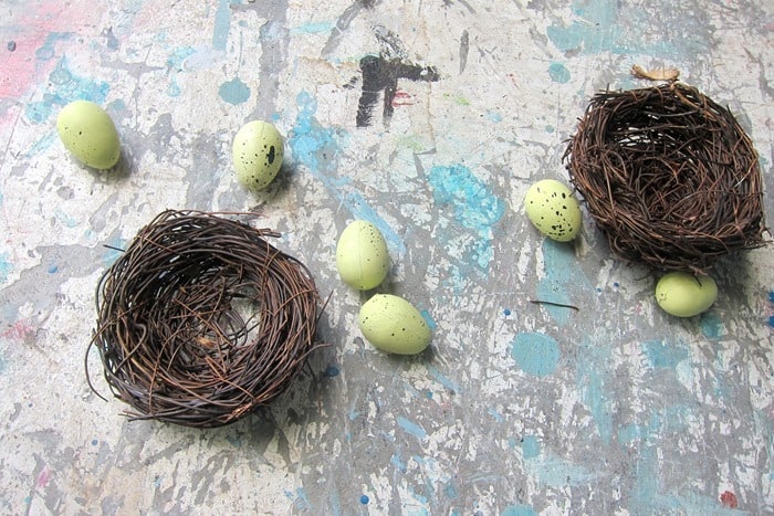 new bird nest and faux eggs
