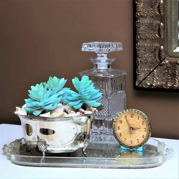 Silver Plate Succulent Planter Idea With Seashells