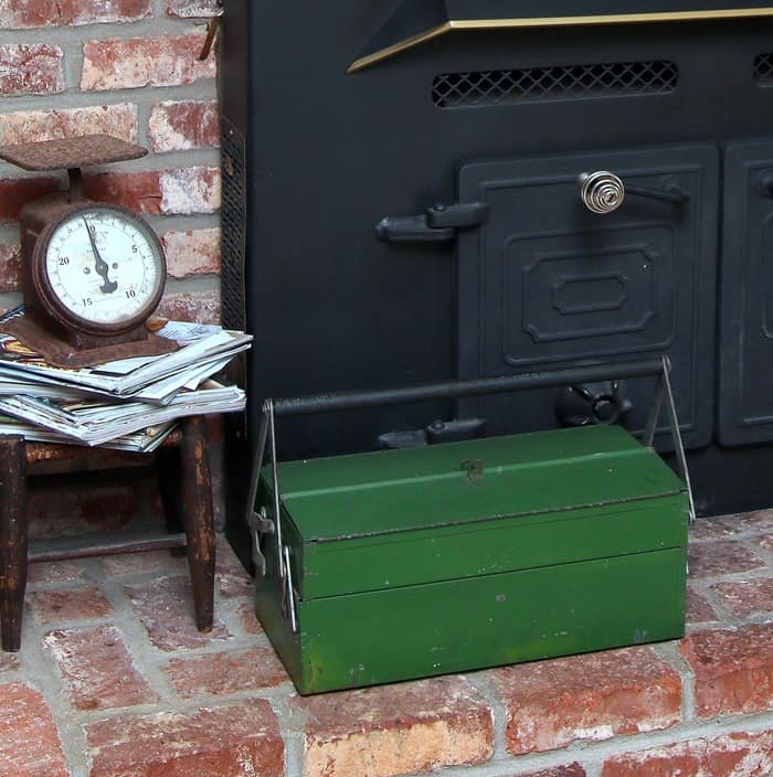 decorate the fireplace mantel and hearth for Fall using vintage items