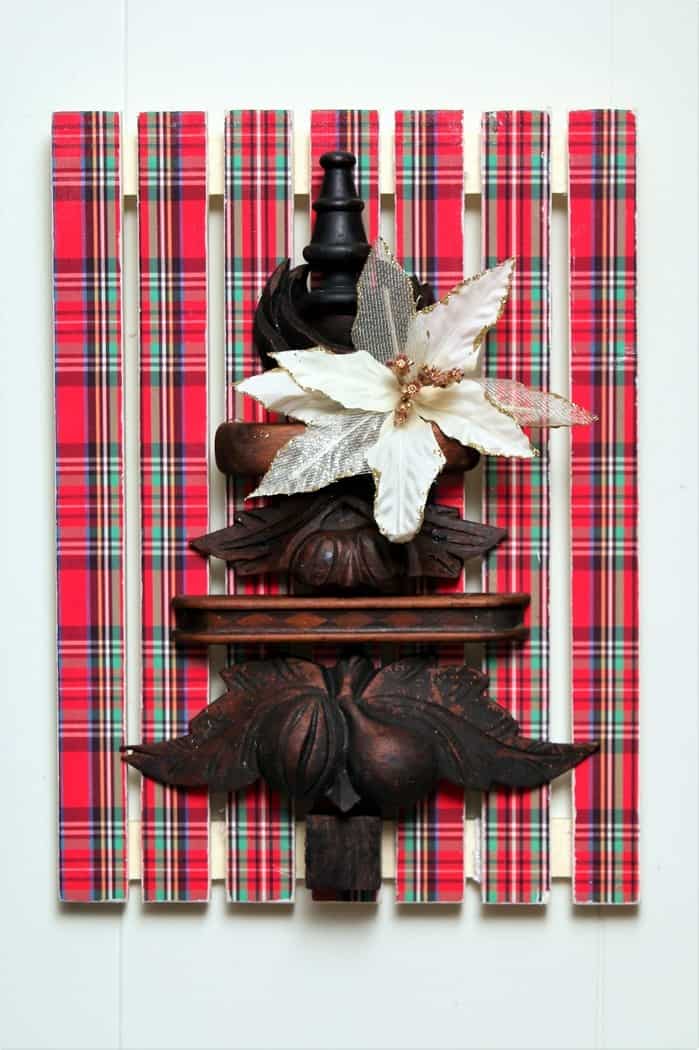 Sign with plaid background and wood drawer pulls in the shape of a Christmas tree (2)