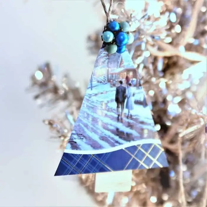 how to use vintage jewelry and recycled Christmas cards to make ornaments
