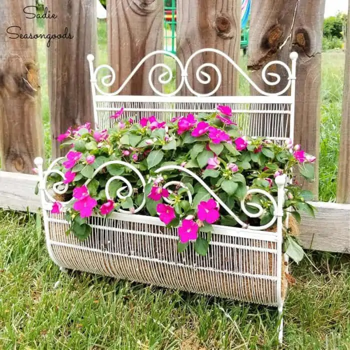 upcycled magazine rack turned flower planter