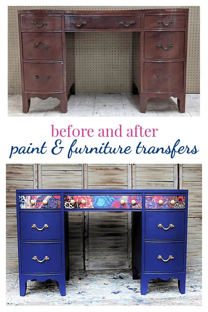 before and after furniture makeover with paint and furniture decor transfers