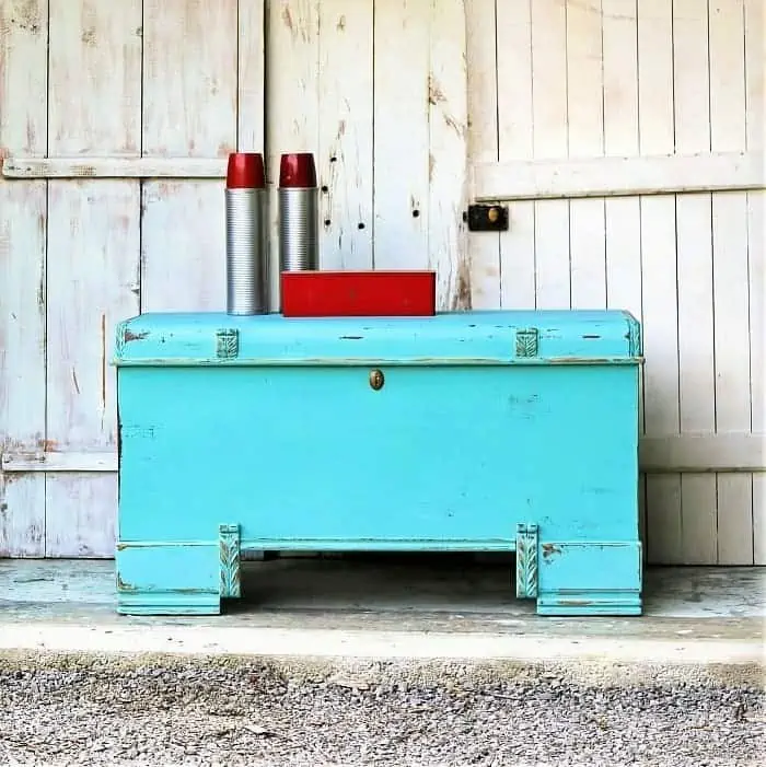 cedar chest painted turquoise and distressed