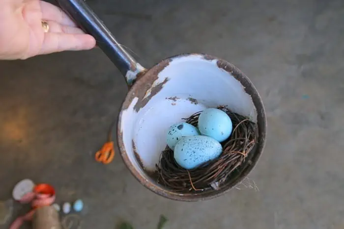 glue a faux bird nest and eggs into a water dipper