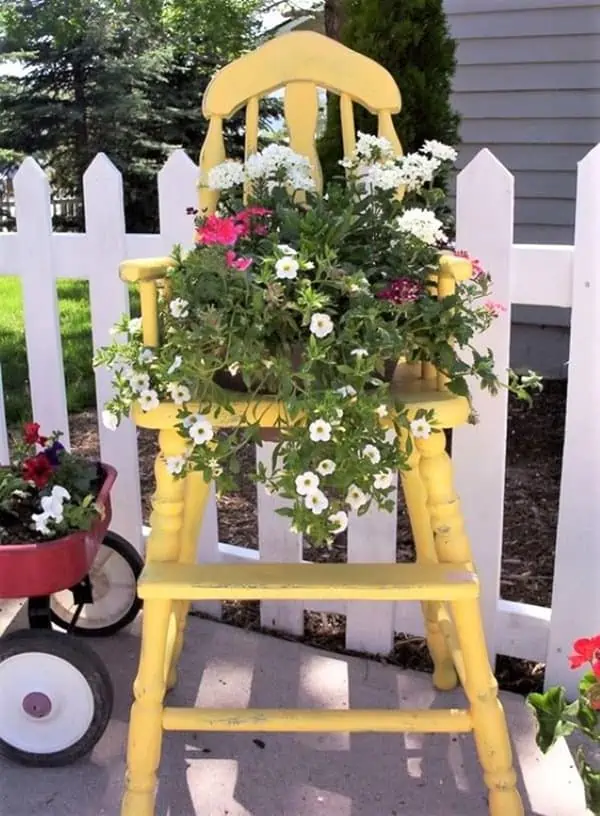 wood baby high chair planter idea from Pinterest and Sally Hazlett