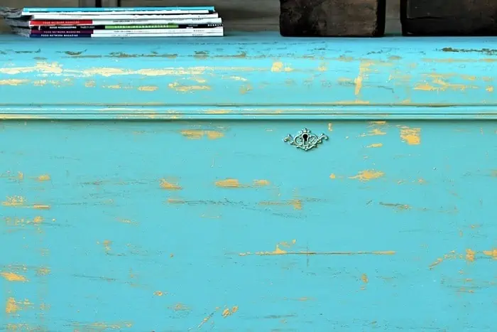 turquoise painted cedar chest with metallic gold highlights