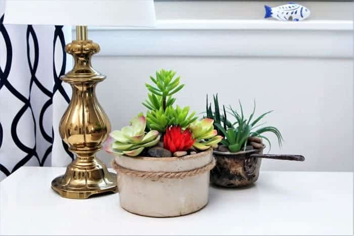 how to display faux succulents in old crocks and water dippers