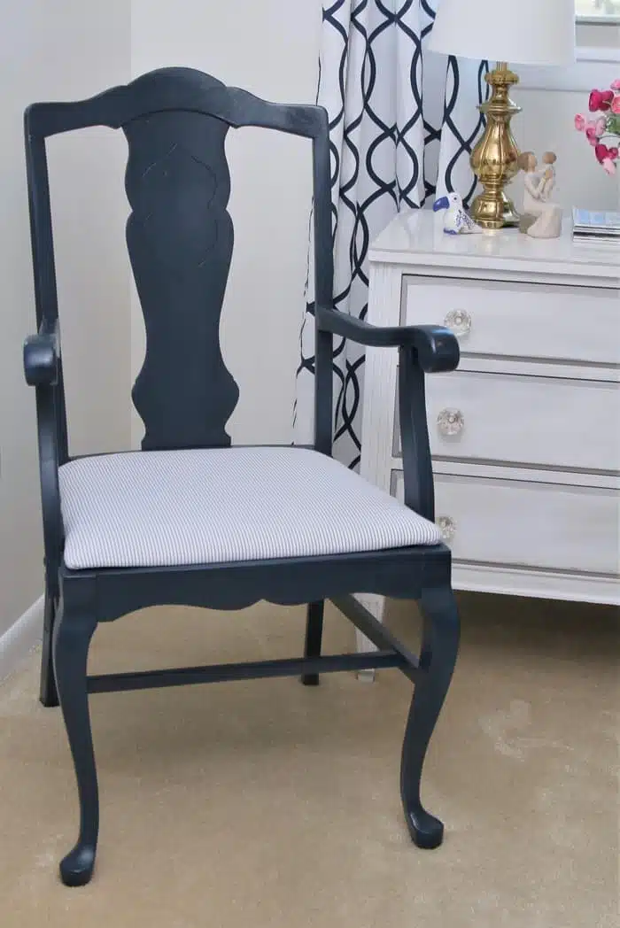 how to spray paint a wood chair and cover the seat with new fabric 