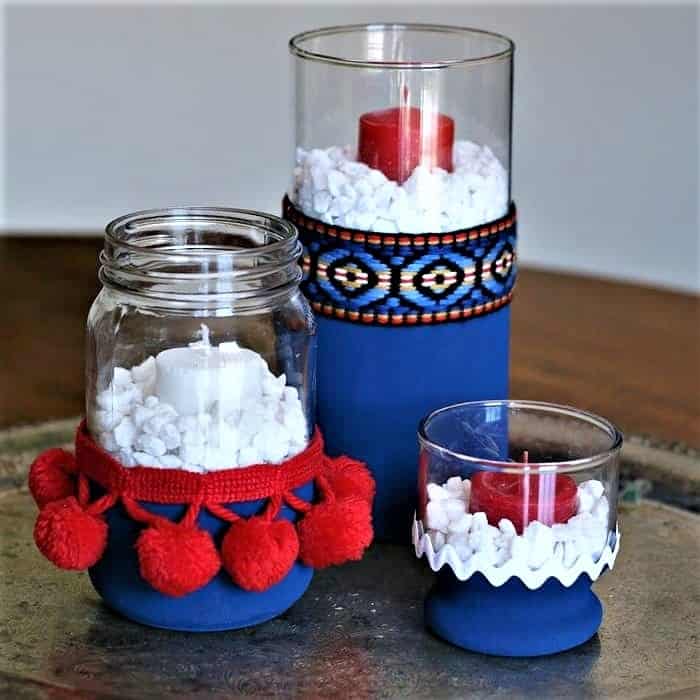 red white and blue candle holders made with a hot glue gun