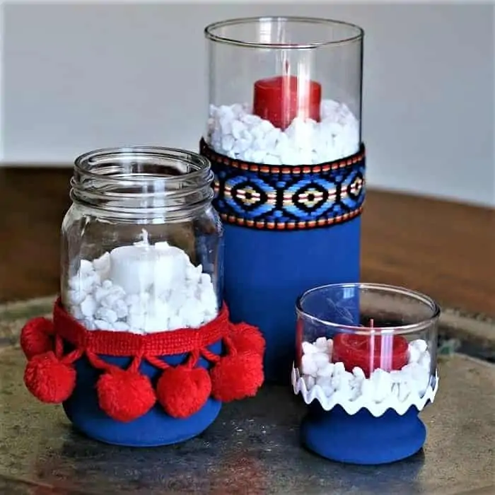 red white and blue candle holders made with a hot glue gun