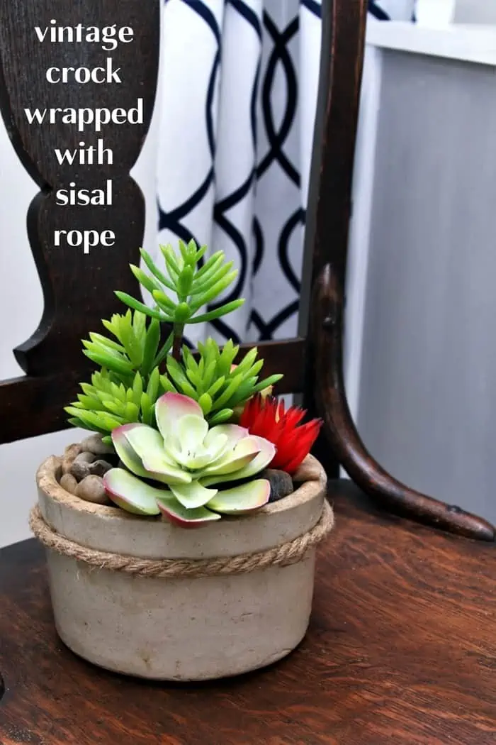 vintage crock wrapped with sisal rope to make a flower pot planter