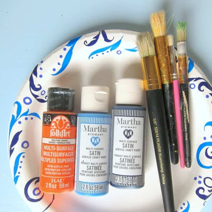 acrylic paints and stencil brushes for cedar chest makeover using Handmade Charlotte Stencil