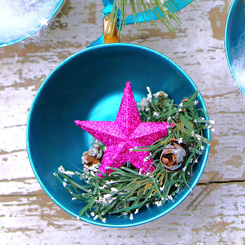 make teacup ornaments using vintage teacups and Christmas items for decoration