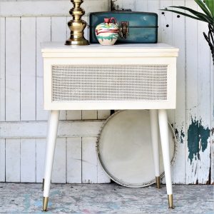 Mid Century Modern Sewing Machine Cabinet Painted White With Gold Trim