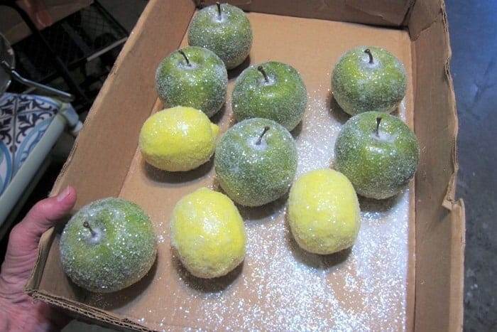 glitter covered plastic fruit