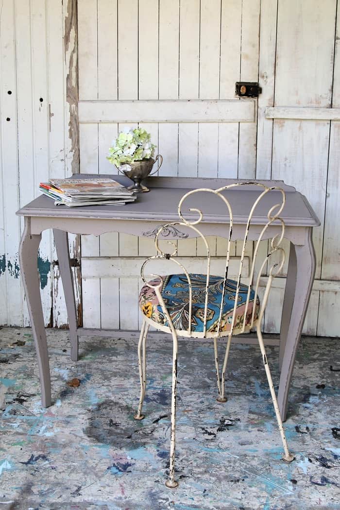DIY painted table and Boho chic fabric covered vantiy chair seat