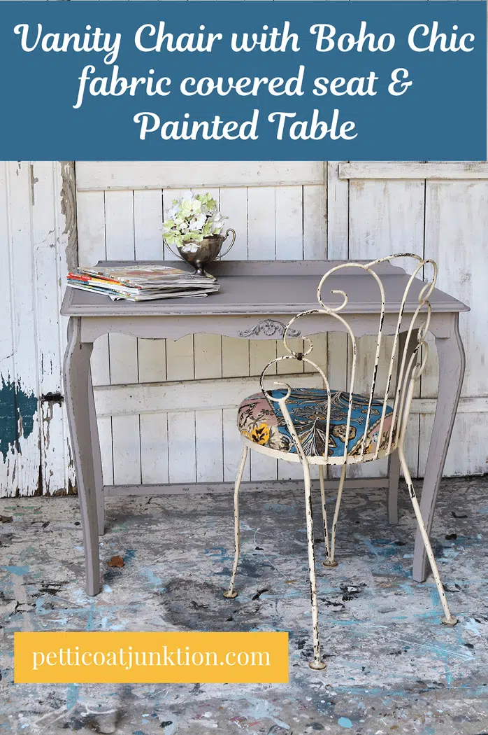 paint a table to use as a desk and add a vanity chair covered in Bohemian style fabric