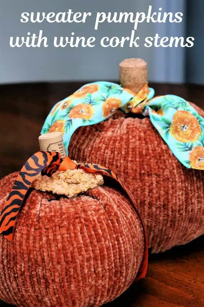 sweater pumpkins with wine cork stems