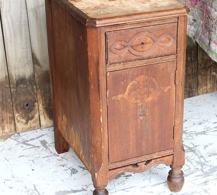 thrift store table or nightstand for a Vaseline technique paint makeover