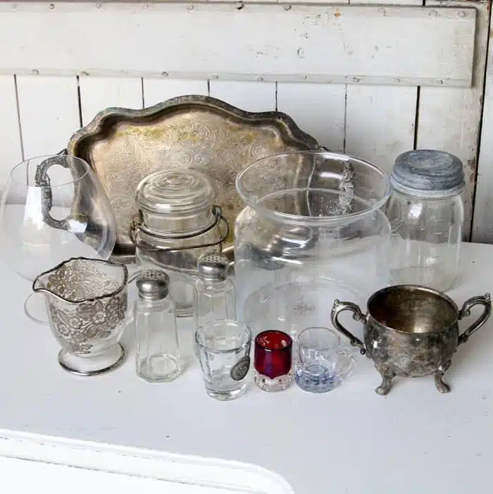 Snow Scene Displays In Glass Containers And Silver Plate Trays