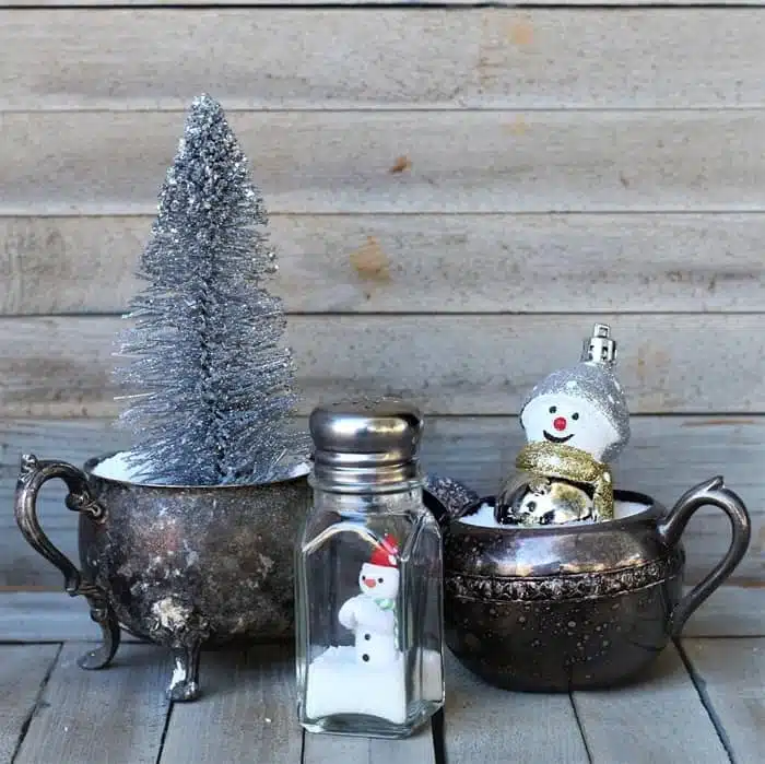 cute silver plate bowl repurpose idea for Christmas