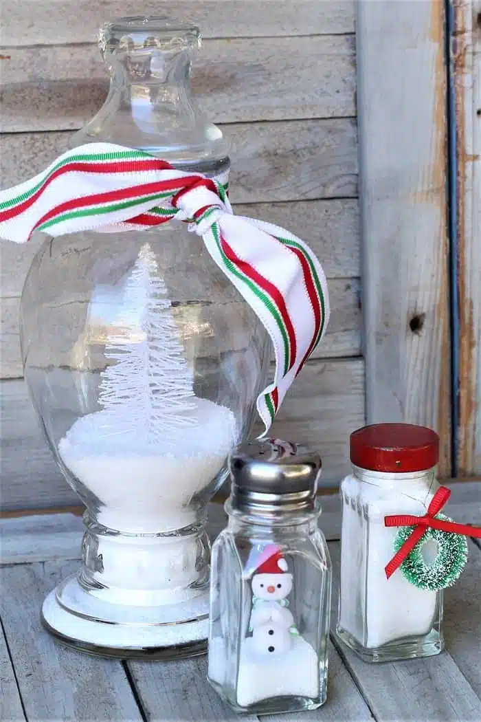 diy winter scenes with glass jars and fake snow