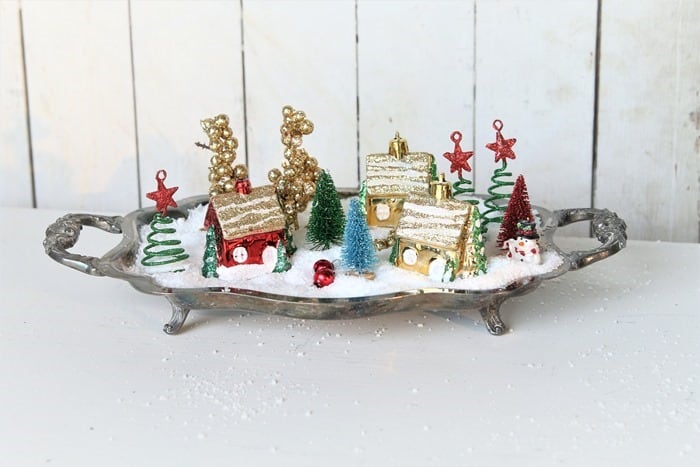 how to make a snow scene center piece on a silver plate platter