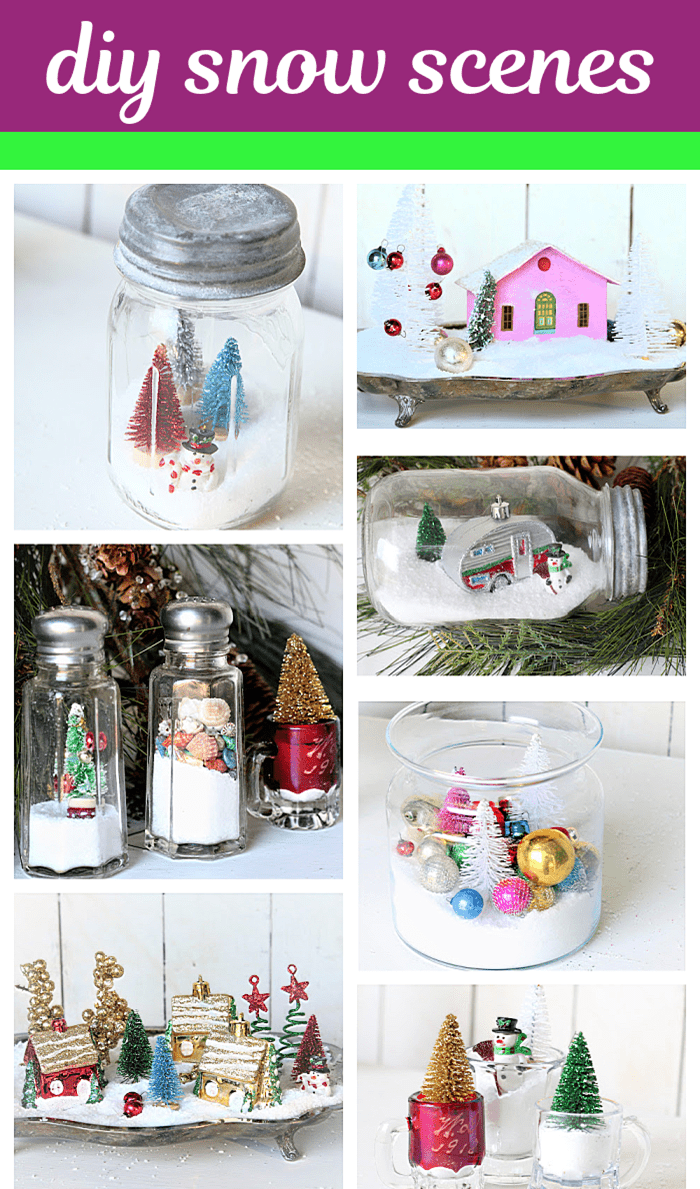 how to make snow scenes in thrift store glass containers and silver plate trays