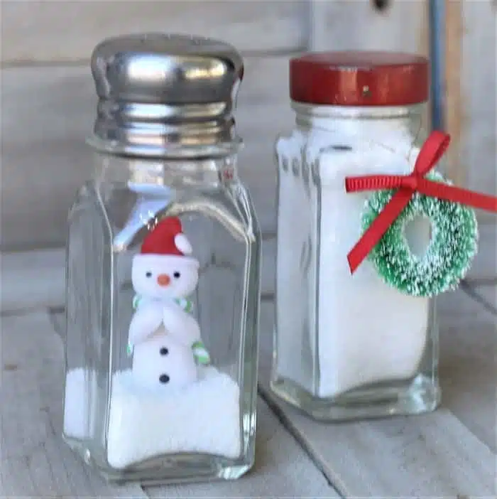 mini snowman ornament in a salt shaker