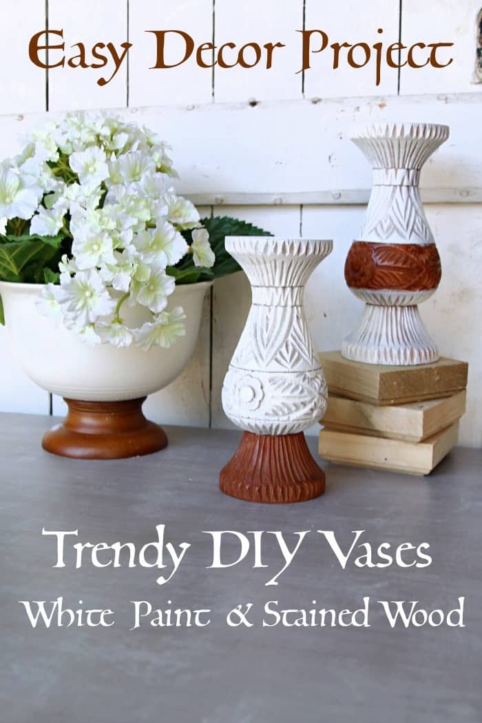 How to makeover thrift store vase with white spray paint to accent original stained wood