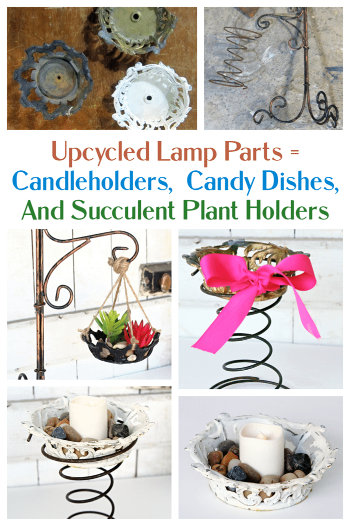 Upcycle lamp parts and bed springs into candle holders and candy dishes