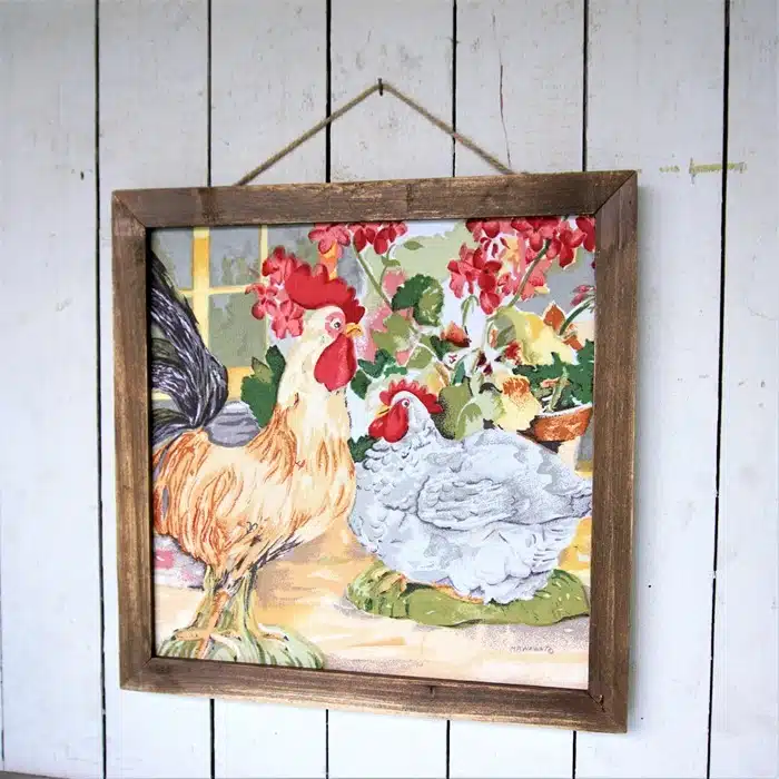 Instant wall art with framed placemats, chicken wall decor