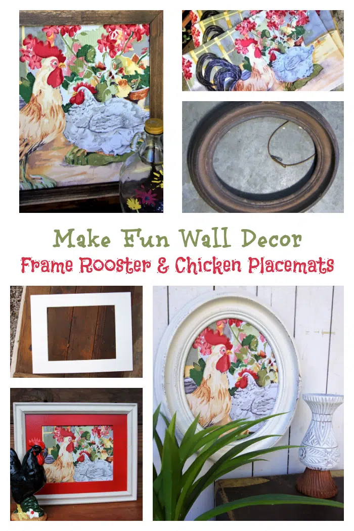Make fun wall decor with chicken placemats and photo frames