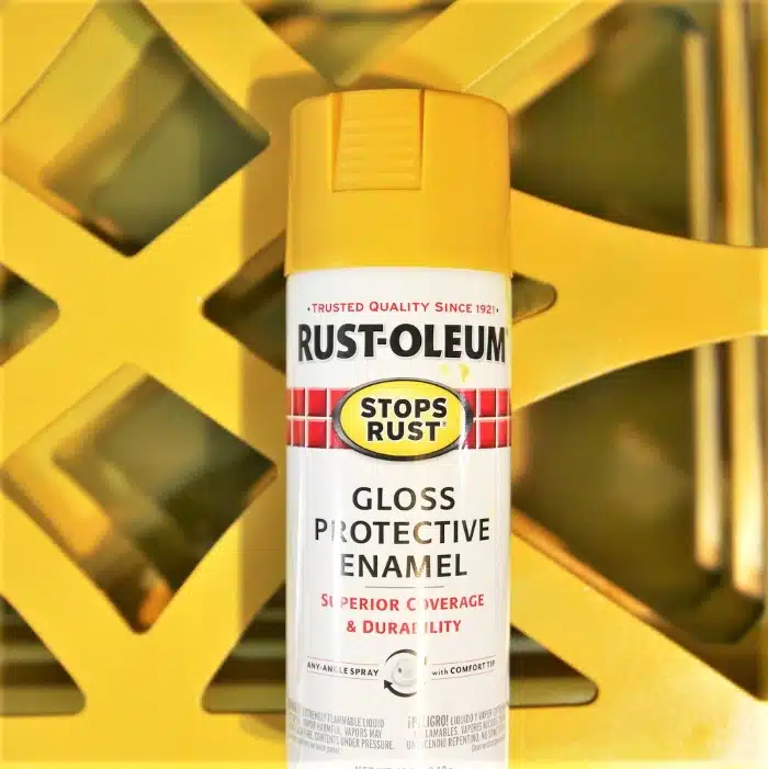 Rustoleum Spray Paint for painting furniture and the color is Gloss Tuscan Sun