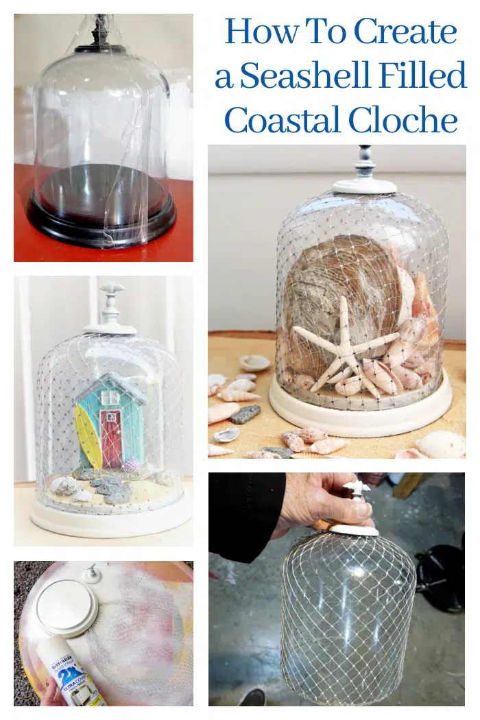 coastal style cloche covered with netting and filled with seashells
