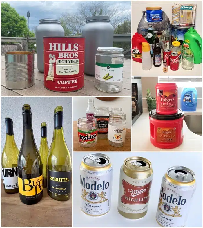 how to upcycle coffee cans, soda cans, beer cans, and wine bottles